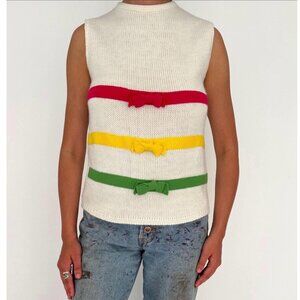 60s vintage cream colorful striped bow print cute retro sleeveless knit tank top